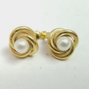 Vintage Napier Gold Tone Knot Shape Clip On Earrings, Faux Pearl Center, Estate